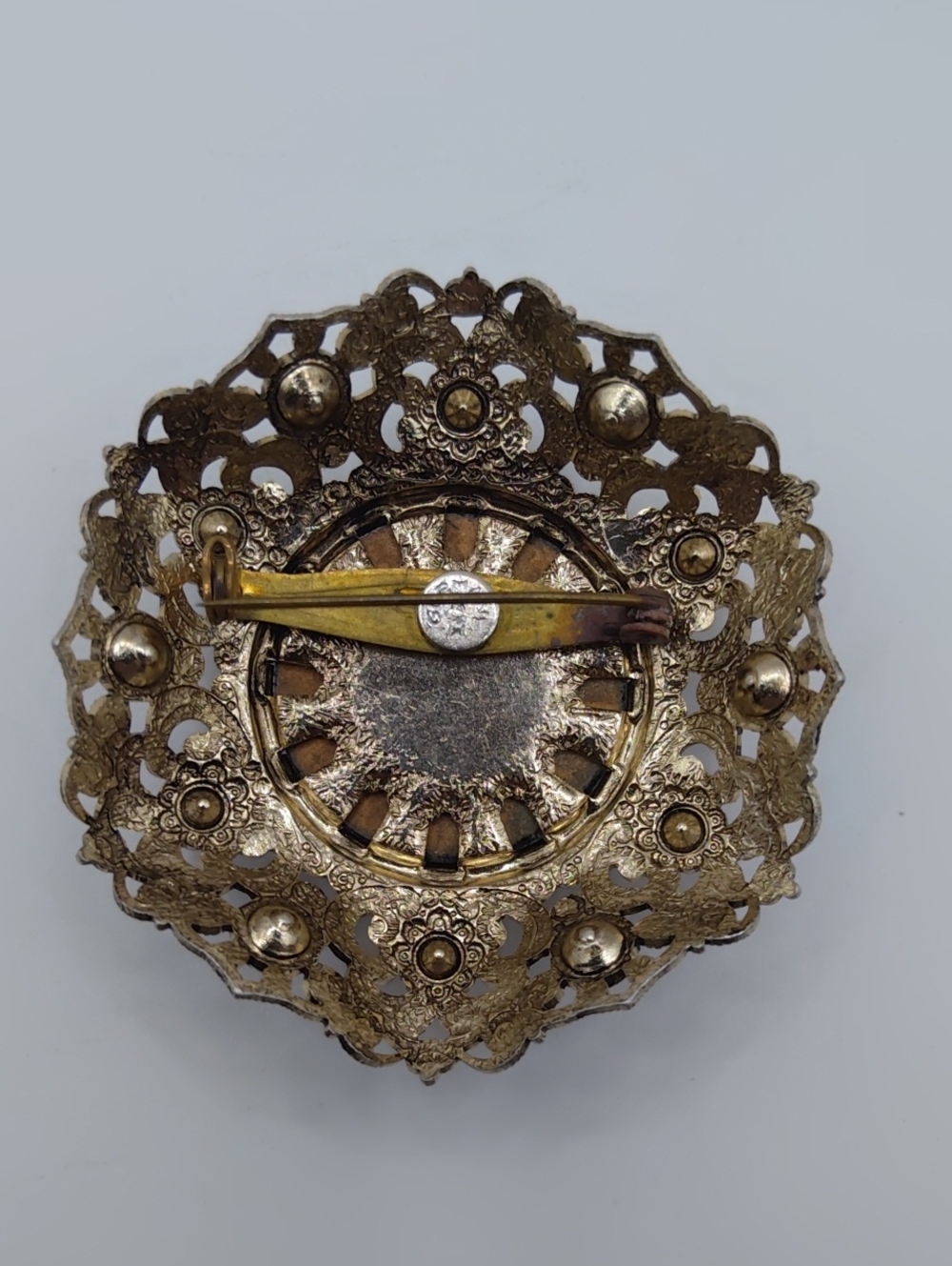 Western Germany Filigree, Purple Glass Cabachon, and Purple Rhinestone Brooch - Picture 5 of 7